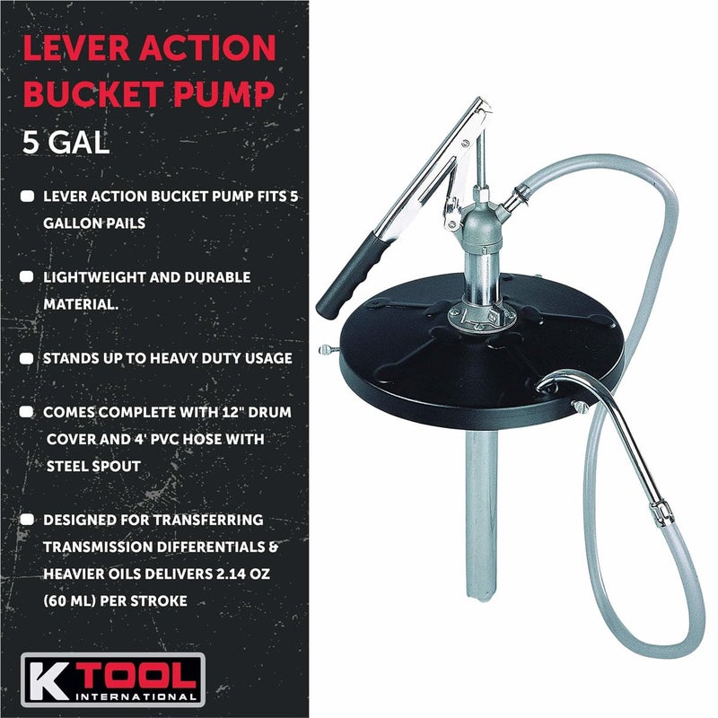 K-Tool International K Tool International 73993 Lever Action Bucket Pump with 4' PVC Hose for Garages, Repair Shops, and DIY, 5 Gallon, 2.14 oz. Per Stroke, 12" Drum Cover, Transmission Fluids and Heavy Oil, Black/Silver - Image 5